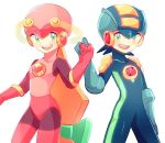  1boy 1girl blonde_hair blue_gloves bodysuit breasts capcom elbow_gloves gloves green_eyes hand_holding helmet long_hair open_mouth pink_gloves rockman rockman_exe rockman_exe_(character) roll_exe simple_background smile teeth thighhighs white_background yukiwarosi1953 