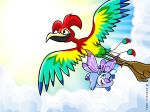  4:3 avian beak beige_skin blue_feathers blue_fur butterfly_wings cloud digital_media_(artwork) duo feathers feral flying fur green_feathers head_tuft lenny_(neopets) multicolored_feathers neopets official_art polarchuck rainbow_feathers red_feathers unknown_artist wings yellow_feathers 