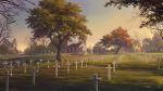  church commentary dao_dao english_commentary field grass graveyard highres latin_cross no_humans outdoors scenery sky sunset tombstone tree 