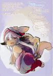  absurdres animal_ears blush brown_eyes bunny_ears eyebrows_visible_through_hair fang furry highres long_hair looking_at_viewer made_in_abyss nanachi_(made_in_abyss) open_mouth pointing smile solo translation_request tsukushi_akihito white_hair 