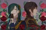  alternate_costume artist_name black_gloves closed_mouth dark_skin dark_skinned_male flower gloves green_hair high_ponytail idol idol_clothes lips looking_at_viewer male_focus multiple_boys musical_touken_ranbu nikkari_aoe ookurikara parted_lips samurai10932 smile touken_ranbu upper_body yellow_eyes 