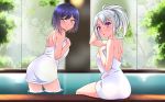  :o arm_up bangs blush closed_mouth commentary_request day eyebrows_visible_through_hair green_eyes hair_up higuchi_kaede indoors leaning_forward looking_at_viewer looking_back multiple_girls naked_towel nijisanji onsen parted_lips pool purple_eyes purple_hair shirihime shizuka_rin short_hair shoulder_blades silver_hair sitting smile standing towel tree virtual_youtuber wading water window 