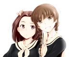  anniversary arima_nana bead_necklace beads black_eyes blush braid brown_eyes brown_hair commentary grin hand_on_another's_head head_tilt head_to_head jewelry looking_at_another looking_at_viewer looking_to_the_side maria-sama_ga_miteru multiple_girls necklace sasaki_akira_(ugc) school_uniform serafuku shimazu_yoshino short_hair simple_background smile twin_braids upper_body white_background 