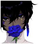  arjuna_(fate/grand_order) black_eyes black_hair blue_eyeshadow blue_feathers blue_flower blue_rose covered_mouth face facepaint fate/grand_order fate_(series) feather_hair_ornament flower head_tilt highres looking_at_viewer mochizuki_kei rose 