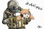  1girl :3 :d aiming ammunition_pouch animal_ears bangs black_footwear black_shorts boots brown_gloves bulletproof_vest cat_ears cat_girl cat_tail chibi commentary covered_eyes digital_camouflage elbow_pads fang girls_frontline gloves goggles grey_eyes hair_between_eyes hair_ornament hairclip hands_up headset helmet holding idw_(girls_frontline) jazzjack knee_boots korean long_hair long_sleeves military military_uniform open_mouth orange_hair parted_bangs pouch shirt short_shorts short_twintails shorts signature simple_background smile sound_effects standing tail translation_request twintails unconventional_gun uniform v-shaped_eyebrows visor white_background white_shirt 
