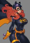  barbara_gordon batgirl batman_(series) belt blush bodysuit breasts cape dc_comics fengmo gloves green_eyes hand_on_hip image_sample large_breasts lips lipstick makeup mask orange_hair simple_background smile solo superhero uchor_sample 