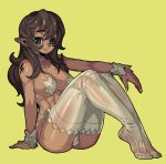  1girl bangs breasts brown_hair cameltoe dark_skin eyebrows_visible_through_hair fengmo full_body green_eyes long_hair looking_at_viewer panties pointy_ears shoulder_tattoo simple_background smile solo tattoo thighhighs underwear white_legwear yellow_background 