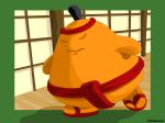  2001 chia_(neopets) claire_hummel clothed clothing detailed_background digital_media_(artwork) eyes_closed footwear headband inside japanese_clothing kasuki_lu male mawashi neopets obese official_art orange_skin overweight sandals solo sumo topless 