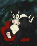  2018 4_fingers 4_toes absurd_res anthro black_nose bodysuit bulge clothing goo_transformation hi_res liquid_latex male mammal pawpads paws pink_pawpads rubber sitting skinsuit skunk smile sofa solo stormdragonblue tight_clothing toes transformation 