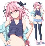  absurdres ahoge alternate_costume astolfo_(fate) bad_id bad_nicoseiga_id bare_shoulders black_bow black_legwear blue_hoodie blue_shirt blush bow braid candy casual collarbone commentary crop_top denim denim_shorts eyebrows_visible_through_hair fate/apocrypha fate/grand_order fate_(series) food full_body hair_between_eyes hair_bow hand_on_hip hand_up head_tilt highres holding_lollipop lollipop long_hair looking_at_viewer male_focus midriff multicolored_hair navel nori_tamago off_shoulder otoko_no_ko pink_eyes pink_footwear pink_hair shadow shirt shoes short_shorts shorts simple_background sleeveless sleeveless_shirt sneakers solo standing stomach streaked_hair striped striped_shirt thighhighs upper_body white_background white_hair zoom_layer 