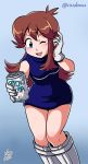  blue_(pokemon) blue_background blue_dress boots breasts brown_hair can commentary dress english_commentary eyebrows_visible_through_hair gloves highres ian_dimas_de_almeida knee_boots leaning_forward long_hair one_eye_closed pokemon pokemon_special reaching_out short_dress sidelocks small_breasts soda_can solo turtleneck_dress twitter_username white_gloves 