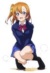 azukilib between_legs black_legwear blazer blue_eyes blue_jacket blue_skirt blush bow bowtie commentary_request embarrassed full_body hair_bow hair_ornament hand_between_legs hands_together jacket kneehighs knees_together_feet_apart kousaka_honoka long_sleeves looking_at_viewer love_live! love_live!_school_idol_project one_side_up open_mouth orange_hair otonokizaka_school_uniform pee peeing peeing_self pigeon-toed plaid plaid_skirt pleated_skirt puddle red_neckwear school_uniform shirt short_hair simple_background skirt solo squatting steam sweat tied_hair trembling uniform v_arms wet wet_clothes white_background white_shirt yellow_bow 