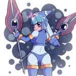 1girl android blue_eyes blush bodysuit breasts dual_wielding from_behind helmet holding holding_weapon large_breasts leviathan_(rockman) looking_at_viewer looking_back rockman rockman_zero smile solo spear thighhighs turning_head wide_hips 