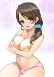  arms_under_breasts blue_scrunchie blush bow bow_panties breast_hold breasts brown_eyes brown_hair bubble_background collarbone commentary_request hair_ornament hair_scrunchie idolmaster idolmaster_cinderella_girls large_breasts long_hair looking_at_viewer low_ponytail mitarashi_kousei mochida_arisa open_mouth panties pink_panties scrunchie side_ponytail smile solo sweat thick_thighs thighs topless underwear underwear_only 