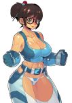  1girl abs bangs blue_gloves breasts brown_eyes brown_hair cleavage curvy eyebrows_visible_through_hair fengmo glasses gloves hair_bun hair_ornament hair_stick large_breasts looking_at_viewer mei_(overwatch) navel overwatch panties simple_background smile solo tied_hair underwear white_background 