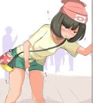  1girl arm_up bag beanie beige_shirt between_legs black_hair blush breasts collarbone embarrassed female floral_print green_shorts grey_eyes half-closed_eyes hand_between_legs hat have_to_pee jpeg_artifacts leaning_forward looking_up mizuki_(pokemon_sm) muroi_(fujisan0410) open_mouth poke_ball_theme pokemon pokemon_(game) pokemon_sm red_hat shirt short_hair short_shorts short_sleeves shorts silhouette small_breasts solo_focus standing sweat tied_shirt translation_request trembling white_background 