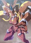  darling_in_the_franxx dust feet_out_of_frame fighting_stance fog glowing hand_up holding holding_weapon horn leg_lift leg_up mecha medium_breasts nandz no_humans open_mouth polearm red_eyes serious solo spoilers strelizia weapon 