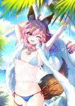  ;d ahoge arms_up bangle bangs beach_towel bikini blue_bikini blue_sky blush bracelet breasts brown_eyes cleavage collarbone cowboy_shot day eyebrows_visible_through_hair fate/grand_order fate_(series) food fox_tail highres hm_(wonhml) holding jewelry large_breasts long_hair navel necklace one_eye_closed open_mouth outdoors palm_tree pendant pink_hair rainbow red_ribbon ribbon see-through shirt short_sleeves side-tie_bikini sky smile solo sparkle standing stomach strap_gap string_bikini swimsuit tail tail_raised tamamo_(fate)_(all) tamamo_no_mae_(swimsuit_lancer)_(fate) tied_shirt towel towel_around_neck tree water_drop 
