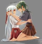  blush commentary_request graphite_(medium) green_eyes green_hair hair_ribbon hairband hakama_skirt headband highres japanese_clothes kantai_collection long_hair multiple_girls red_blindfold remodel_(kantai_collection) ribbon sen_(alshy379) shoukaku_(kantai_collection) silver_hair traditional_media translation_request twintails white_hair white_ribbon zuikaku_(kantai_collection) 