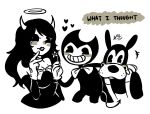  alice_angel angel anthro bendy bendy_and_the_ink_machine black_body black_fur boris bow_tie breasts canine clothing demon female fur gloves happy horn humanoid male mammal old_toon overalls smile taco8998 toony wolf 