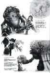  absurdres branch broken_umbrella chain character_request child fantasy feathers food fruit gears gears_maiden giving greyscale hat highres holding holding_umbrella lock mecha mechanical monochrome multiple_girls plant pointing robot rocca_(gears_maiden) steampunk text_focus tsukushi_akihito umbrella 
