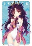  artist_name ass_visible_through_thighs bangs bare_shoulders black_bow blush bow character_name closed_mouth collarbone commentary_request copyright_name drawstring earrings eyebrows_visible_through_hair fate/grand_order fate_(series) fingernails fur-trimmed_jacket fur_trim hat head_tilt ishtar_(fate/grand_order) ishtar_(swimsuit_rider)_(fate) jacket jewelry long_hair long_sleeves looking_at_viewer manle off_shoulder open_clothes open_jacket parted_bangs pink_jacket purple_hair red_eyes sleeves_past_wrists smile solo strapless strapless_swimsuit swimsuit thigh_gap tiara two_side_up very_long_hair white_swimsuit 