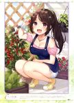  :d absurdres arm_up artist_name bangs bare_legs bekotarou blue_sky blurry blush breasts brown_eyes brown_hair cherry_tomato cleavage cloud collar collarbone day dengeki_moeou depth_of_field eyebrows_visible_through_hair fence flower flower_pot food frilled_shirt frills fruit garden hair_ornament hair_scrunchie hairclip hanging_plant highres holding holding_food holding_fruit leaf long_hair looking_at_viewer medium_breasts off_shoulder open_mouth original page_number parted_bangs pink_flower pink_shirt plant planter ponytail potted_plant scrunchie shirt shoes short_shorts short_sleeves shorts sidelocks sky smile sneakers solo squatting strap sunlight tree trellis white_flower wrist_scrunchie yellow_footwear 