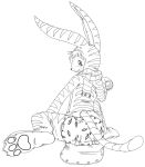  2009 ambiguous_gender anthro bell blue_eyes carrot diaper digital_drawing_(artwork) digital_media_(artwork) flir flir_(rabbit) food fur hi_res infantilism lagomorph mammal monochrome onesie paws rabbit scarf simple_background solo stormdragonblue stripes vegetable 