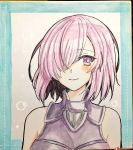  armor bangs bare_shoulders blush closed_mouth commentary fate/grand_order fate_(series) gorget hair_over_one_eye looking_at_viewer mash_kyrielight photo purple_eyes purple_hair shikishi short_hair sleeveless smile solo tanaji traditional_media upper_body 