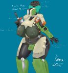  1_eye 2016 bastion_(overwatch) big_breasts blue_background bow breasts crossgender english_text eyelashes female hair_bow hair_ribbon hi_res huge_breasts kawmapkarma machine nipples not_furry omnic overwatch pussy ribbons robot simple_background solo text video_games 
