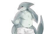  2014 anthro barazoku blush boxers_(clothing) bulge clothed clothing digital_media_(artwork) fireflufferz fish front_view gills hi_res looking_at_viewer male marine navel shark shy simple_background slightly_chubby solo soma submissive teasing topless underwear undressing white_background white_clothing 