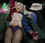  1girl blonde_hair blue_hair breasts dc_comics harley_quinn lipstick looking_at_viewer makeup medium_breasts multicolored_hair open_mouth pantyhose pantyhose_under_shorts pink_hair short_shorts shorts smile solo suicide_squad thighs torn_clothes torn_pantyhose 