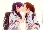  2girls backpack bag be_with_me brown_hair eyes_closed hanning_in kiss multiple_girls purple_hair school_bag school_uniform touching_another&#039;s_chin yuri 