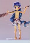  absurdres bare_shoulders barefoot blue_eyes blue_hair blush character_request collarbone eyebrows_visible_through_hair full_body highres holding holding_oar looking_at_viewer made_in_abyss male_focus navel nipples oar parted_lips short_hair solo translation_request tsukushi_akihito 