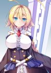  ahoge belt blazblue blonde_hair blue_eyes blue_skirt blush braid breasts closed_mouth collared_shirt corset dying_(dying0414) es_(xblaze) eyebrows_visible_through_hair gradient gradient_background grey_background hair_between_eyes head_tilt huge_ahoge large_breasts long_hair long_sleeves miniskirt necktie off_shoulder red_neckwear shiny shiny_hair shirt showgirl_skirt single_braid skirt smile solo sword tsurime upper_body very_long_hair weapon white_shirt xblaze 