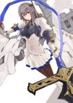 azur_lane bangs boots breasts brown_legwear closed_mouth commentary corset cross-laced_footwear diamond_(shape) elbow_pads eyebrows eyebrows_visible_through_hair fleur_de_lis frown gauntlets grey_hair hair_between_eyes hair_ornament highres holding holding_spear holding_weapon lace-up_boots large_breasts left-handed long_hair looking_at_viewer machinery miniskirt mitcheru mole mole_under_eye outstretched_arm pantyhose pleated_skirt polearm red_eyes saint-louis_(azur_lane) sidelocks skirt solo spear standing turret weapon white_footwear white_skirt 