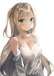  bangs blonde_hair blue_eyes blush breasts cleavage closed_mouth collarbone eyebrows_visible_through_hair hair_between_eyes long_hair looking_at_viewer medium_breasts off_shoulder original sabet_(young_ouo) shirt sidelocks simple_background singlet solo tied_hair white_singlet 