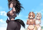  animal_ears ass black_hair braids brown_eyes clouds dark_skin gloves gray_eyes kemono_friends navel pink_eyes pink_hair ponytail sky tagme tail white_hair 