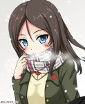  bangs black_hair blue_eyes breath commentary emblem eyebrows_visible_through_hair flipper girls_und_panzer gradient gradient_background green_jacket grey_background jacket long_hair long_sleeves looking_at_viewer nonna open_mouth plaid plaid_scarf pravda_school_uniform red_shirt scarf shirt snowflake_background solo sweater swept_bangs upper_body v-neck white_sweater winter_uniform 