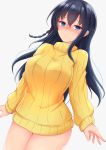  black_hair blue_eyes blush braid breasts commentary_request cowboy_shot grey_background highres karuba_(therace) kohiruimaki_karen large_breasts long_hair looking_at_viewer ribbed_sweater side_braid simple_background single_braid solo sweater sword_art_online sword_art_online_alternative:_gun_gale_online turtleneck turtleneck_sweater yellow_sweater 