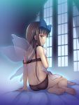  arm_support ass back bare_arms bare_legs bare_shoulders barefoot bed_sheet black_bra black_eyes black_hair black_panties blue_bow bow bra chima_q closed_mouth fairy_wings feet from_behind full_body hair_bow highres indoors long_hair naughty_face panties profile sitting smile soles solo star_sapphire touhou transparent_wings underwear underwear_only wings yokozuwari 