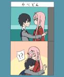  1boy 1girl 2koma black_hair blue_eyes blush breast_smother colorized comic commentary_request couple darling_in_the_franxx face-to-face green_eyes hand_on_another's_head hetero highres hiro_(darling_in_the_franxx) horns hug long_hair looking_at_another military military_uniform nonomiya_nonon oni_horns pink_hair sweatdrop translated uniform wall_slam zero_two_(darling_in_the_franxx) 