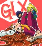  1girl 2boys ^_^ artist_request chibi demon gloves gourry_gabriev lina_inverse long_hair looking_at_viewer multiple_boys on_back on_floor pink_background simple_background slayers white_gloves xelloss 