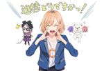  announcement_celebration bangs blue_eyes blue_jacket bow brown_hair closed_eyes commentary_request doughnut eyepatch food hair_bow holding holding_weapon jacket long_sleeves looking_at_viewer mimuji_(shirobako) miyamori_aoi open_mouth parted_bangs pom_pom_(clothes) ponkan_8 roro_(shirobako) shirobako shirt short_hair shouting simple_background solo stuffed_animal stuffed_toy sword teddy_bear translation_request upper_body weapon white_background white_shirt wooden_sword 