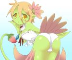  2018 amauchi bent_over blush brown_hair butt camel_toe clothed clothing female flora_fauna flower gradient_background green_skin hair humanoid jewelry monster_girl_(genre) necklace not_furry plant simple_background solo yellow_eyes 