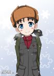  arms_behind_back bangs black_vest blue_eyes blush_stickers brown_hair brown_hat closed_mouth commentary dated emblem eyebrows_visible_through_hair flipper fur_hat girls_und_panzer gradient gradient_background green_jacket grey_background hat head_tilt jacket long_sleeves looking_at_viewer military military_uniform nina_(girls_und_panzer) pravda_military_uniform red_shirt shirt short_hair short_twintails smile snowflake_background solo standing turtleneck twintails twitter_username uniform upper_body ushanka vest zipper 