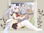  animal_ears azur_lane bare_shoulders black_bow black_skirt bow bowtie breasts brown_eyes cat_ears cup drinking_straw eyebrows_visible_through_hair fang from_side hair_bow holding holding_tray long_hair looking_at_viewer midriff miicha mug navel no_shoes open_mouth pleated_skirt red_bow sailor_collar sitting skirt small_breasts solo sweatdrop thighhighs tray twintails twitter_username white_legwear windowsill yukikaze_(azur_lane) 