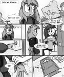  anthro backpack breasts clothing comic dialogue english_text equine female greyscale hair hi_res horse killryde lust_from_afar mammal monochrome my_little_pony outside pony shorts skirt text tree 