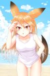  animal_ears arms_behind_back beach blonde_hair breasts brown_hair collarbone colored_eyelashes commentary_request day extra_ears ezo_red_fox_(kemono_friends) fox_ears fox_tail highres kemono_friends long_hair ocean one-piece_swimsuit open_mouth school_swimsuit sky solo sora_(sunday_sky) swimsuit tail tail_raised white_school_swimsuit white_swimsuit 