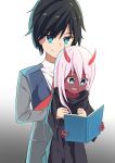  1girl absurdres black_hair blue_eyes book commentary_request couple darling_in_the_franxx eyebrows_visible_through_hair fang green_eyes highres hiro_(darling_in_the_franxx) holding holding_book horns long_hair military military_uniform oni_horns parka pink_hair red_eyes red_skin sakutaishi spoilers uniform zero_two_(darling_in_the_franxx) 